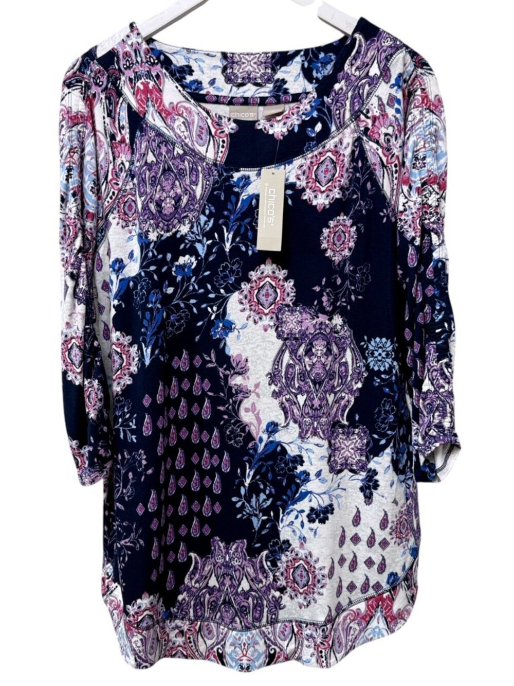 CHICOS Zenergy Tunic Top Size Medium Navy Blue Paisley French Terry Sweatshirt